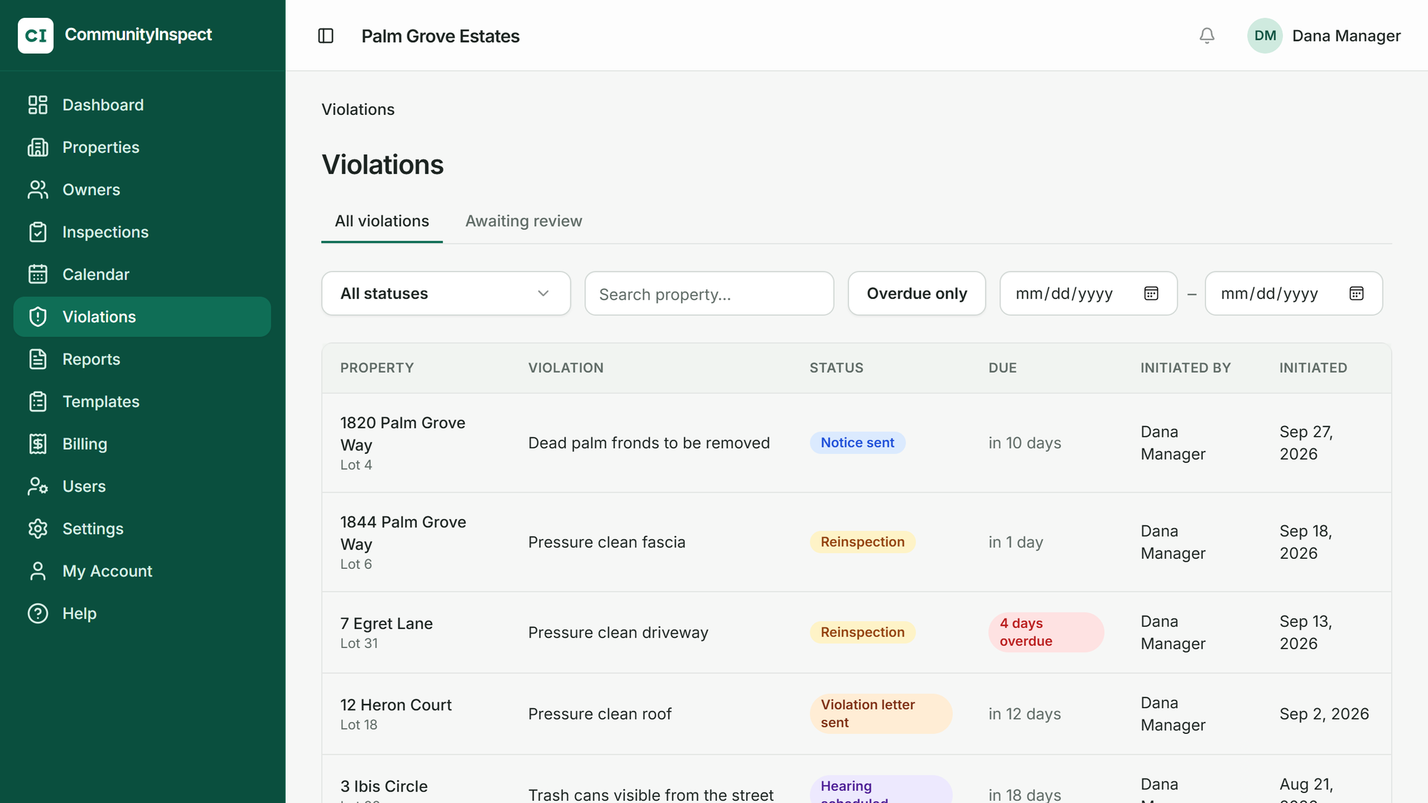 The CommunityInspect dashboard listing open violations by property, each with its status and deadline